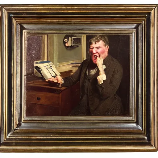 Image similar to an angry man yells at his computer monitor, oil on canvas, 1 8 8 3, highly detailed