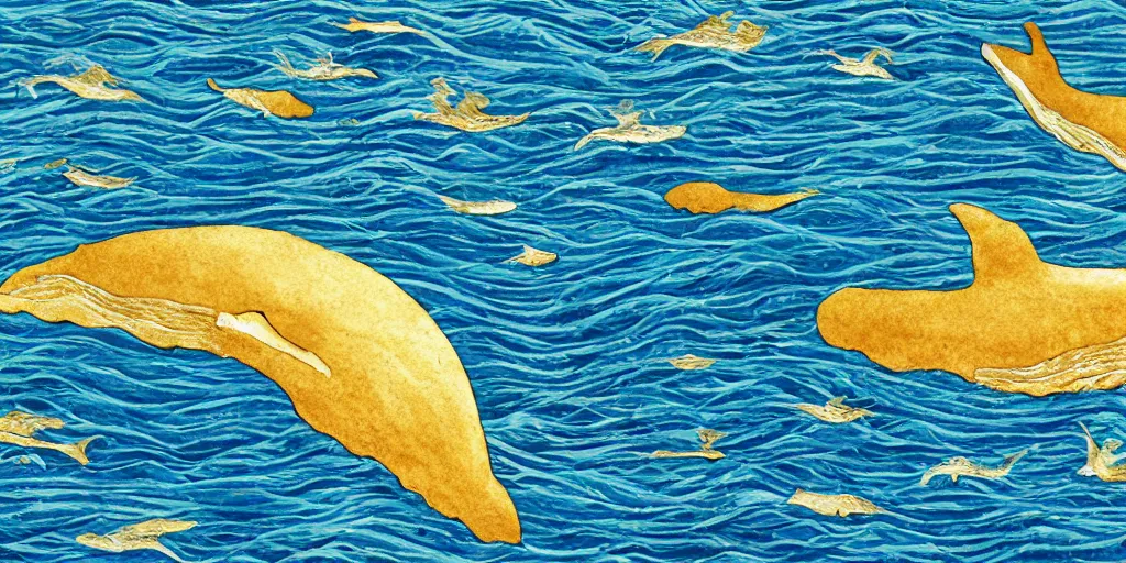 Image similar to realistic scene of whales, golden, delicate, hyper realism, 1 4 5 0, ink, ultra realistic, 8 k