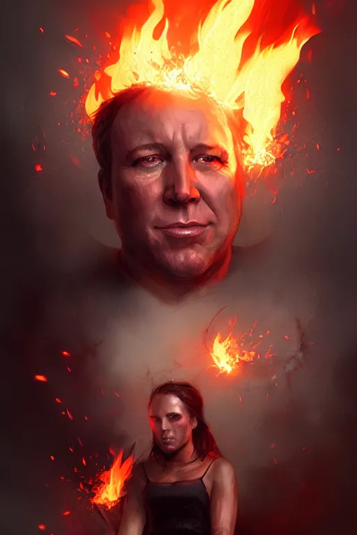 Prompt: character art by bastien lecouffe - deharme, alex jones from infowars, bullhorn on fire, on fire, fire powers, american flag