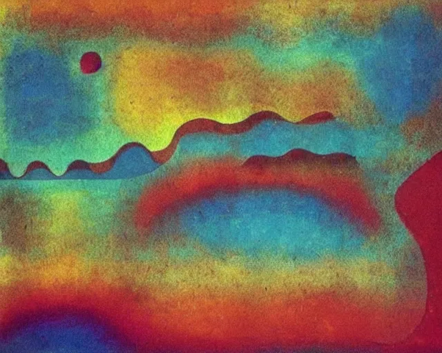 Prompt: Ocean waves in a psychedelic dream world. DMT. Curving rivers. Paul Klee. Zao Wou-ki. Minimalist.