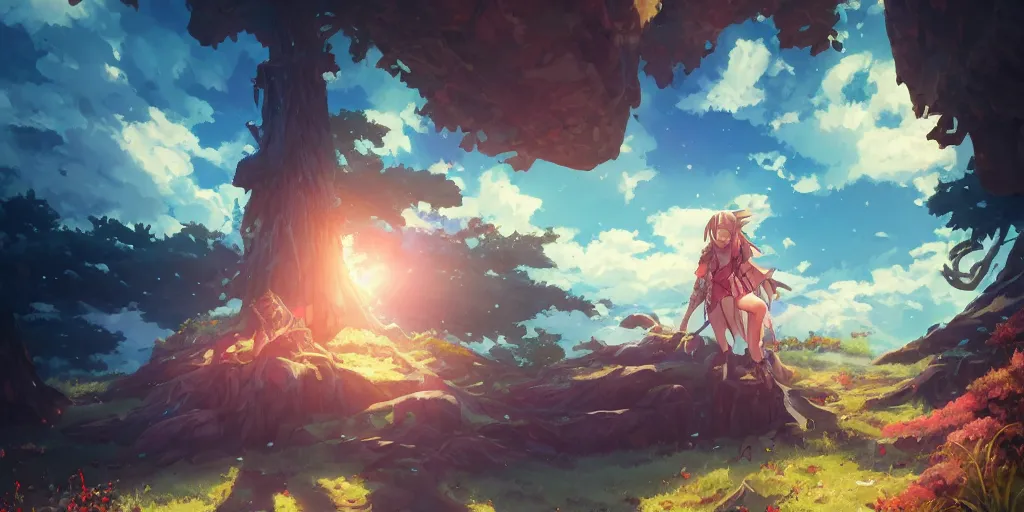Prompt: isekai masterpiece by mandy jurgens, by irina french, by rachel walpole, by alyn spiller anime woman standing tree log looking up at giant crystals, high noon, cinematic, very warm colors, intense shadows, ominous clouds, anime illustration, anime screenshot composite background