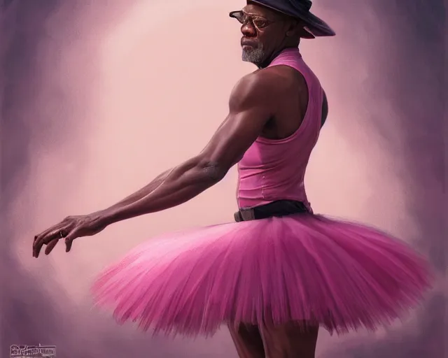 Image similar to photography of samuel l jackson in a pink ballerina outfit, medium body shot, deep focus, d & d and mtg, fantasy, intricate, elegant, highly detailed, digital painting, artstation, concept art, matte, sharp focus, illustration, hearthstone, art by artgerm and greg rutkowski and alphonse mucha