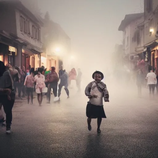 Image similar to a village full of happy people dancing in the streets but in the background is an eerie fog, eerie, foggy, solemn, hd, 4 k