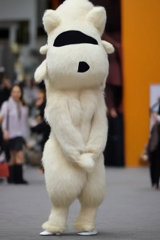 Prompt: 35mm of a very cute, simple minimal, adorable and creative Japanese mascot character costume, fuzzy, full body and head view, very magical and dreamy, designed by Gucci and Wes Anderson, kawaii, magical details