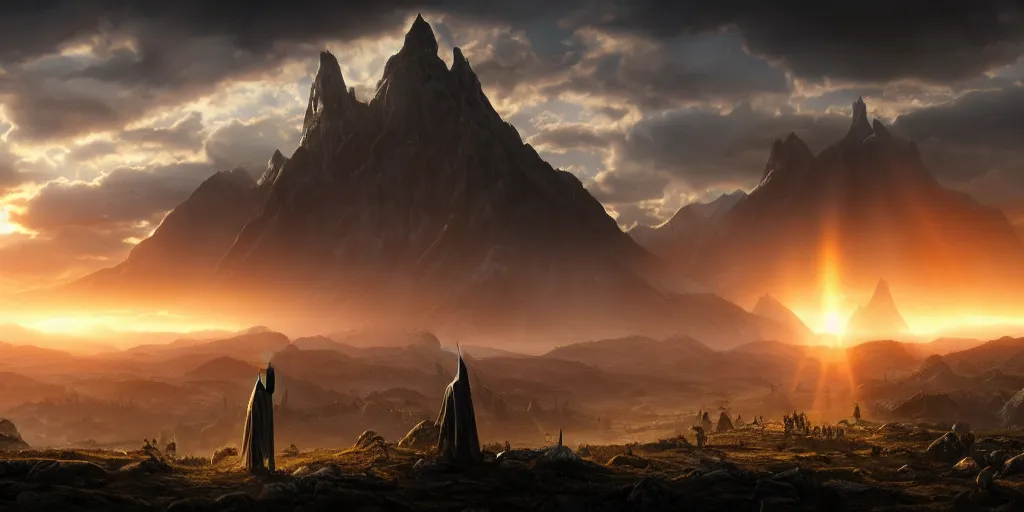 Image similar to a angel in the lord of the rings scenery landscape, looking at the sauron army in the distance, mysterious ， stream, sunrise, wallpaper ， god's rays highly detailed, vivid color, cinematic lighting, perfect composition, 8 k, gustave dore, derek zabrocki, greg rutkowski, belsinski, octane render