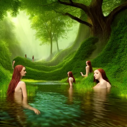 Image similar to beautiful digital fantasy illustration of A woody green field with a stream running through it, with a group of dryad women standing in the water. They seem to be preparing to submerge themselves in the cool, clear waters of the stream. cgsociety, fantasy art, highly detailed, soft lighting, rendered in octane, masterpiece, very very very aesthetic