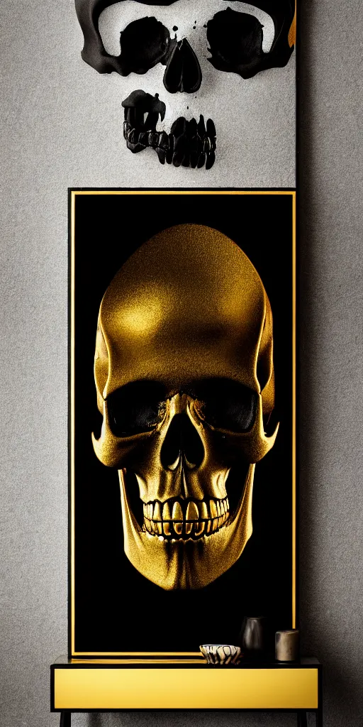 Prompt: a matte black skull that is split in half and has liquid gold paint dripping over it, with an art deco boarder, high quality, photo realistic, studio lighting