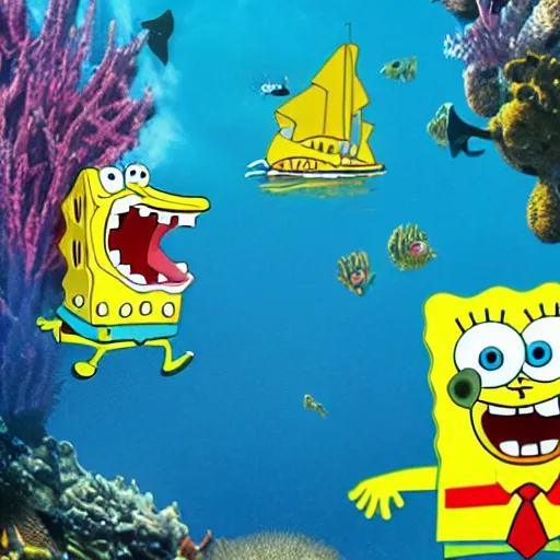 Prompt: spongebob riding a shark under the sea