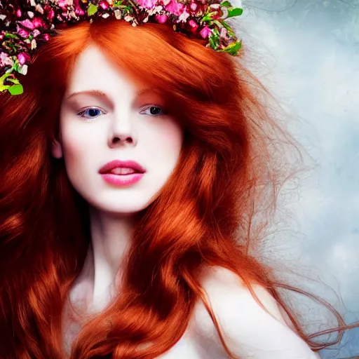 Image similar to !dream Fine art photo of the most beautiful woman, she is redhead, she is posing while maintain a sweet eye contact to the camera, she has a crown of flowers, she has perfect white teeths, the photo was taking by Annie Leibovitz, matte painting, oil painting, naturalism