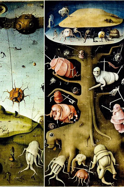 Image similar to a beautiful tardigrade landscape with weird tardigrade creatures by hieronymus bosch and dali