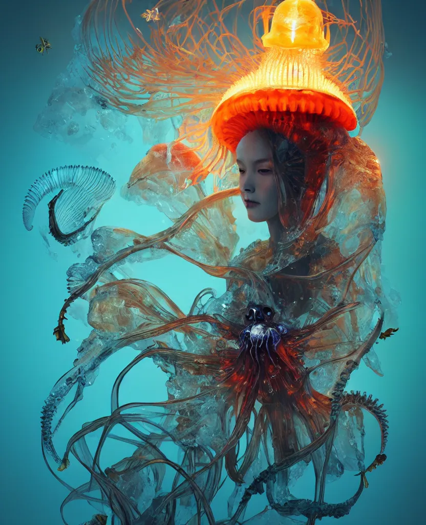 Prompt: queen of death portrait. jellyfish phoenix head, nautilus, butterfly, skull, ice and fire, bioluminiscent creatures, intricate artwork by Tooth Wu and wlop and beeple. octane render, trending on artstation, greg rutkowski very coherent symmetrical artwork. cinematic, hyper realism, high detail, octane render, 8k