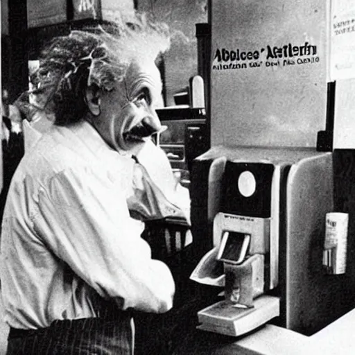 Image similar to vintage photo of albert einstein working at mcdonalds, circa 1 6 0 0, award - winning shot