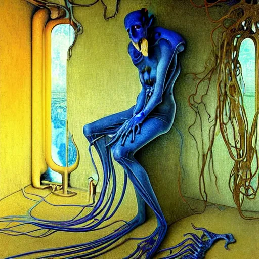 Image similar to realistic extremely detailed portrait painting of a bizarre creature sitting in the corner of an abandoned house, futuristic sci-fi landscape on background by Jean Delville, Amano, Yves Tanguy, Alphonse Mucha, Ernst Haeckel, Edward Robert Hughes, Roger Dean, rich moody colours, blue eyes