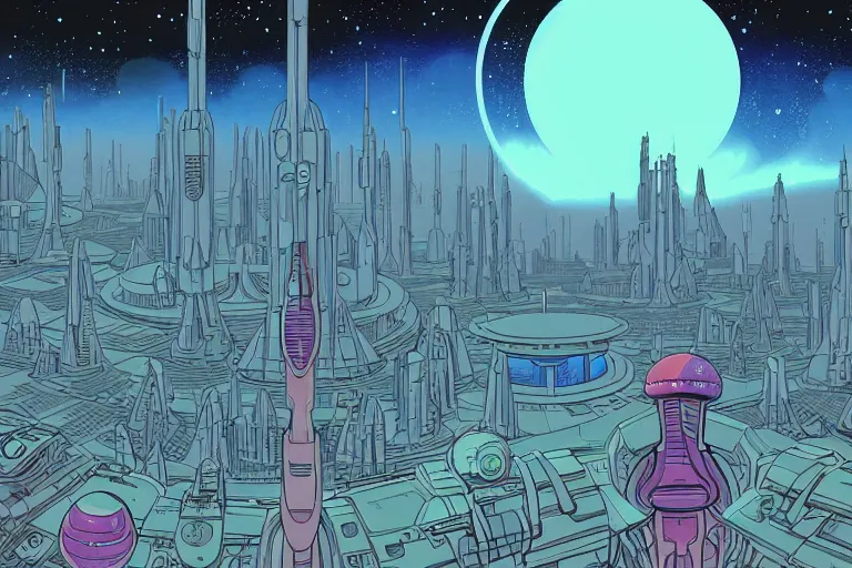 Image similar to a scifi illustration, Galactic City on Coruscant. flat colors, limited palette, heavy line work in FANTASTIC PLANET La planète sauvage animation by René Laloux