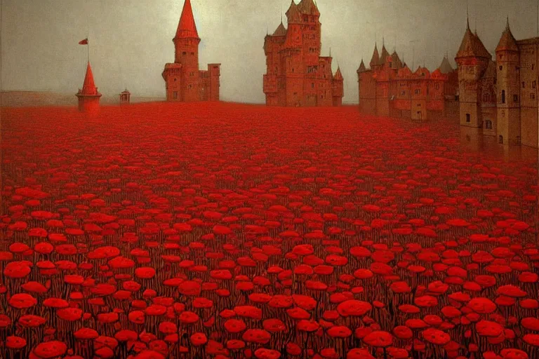 Image similar to only with red, red flowers of different types, a red tiger, a castle in the background, medieval demons dance over the flowers, an ancient path, in the style of beksinski, part by hopper, part by rodcenko, part by hofbauer, intricate composition, red by caravaggio, insanely quality, highly detailed, masterpiece, red light, artstation