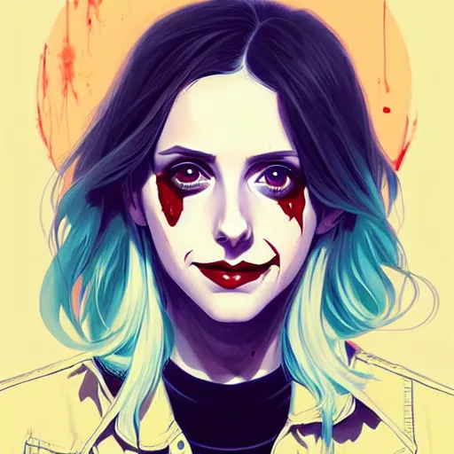 Prompt: loish, artgerm, Joshua Middleton art, pretty female Alison Brie serial killer holding bloody knife in right hand, blood on clothes and face, sarcastic smile, symmetrical eyes, symmetrical face, jean jacket, jeans, short blonde hair, middle shot, night time, deep blacks