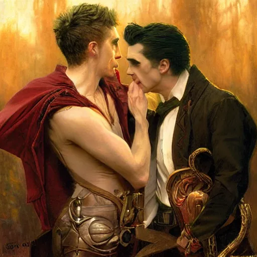 Image similar to attractive male, arthur pendragon confesses his love to attractive male dracula the vampire. highly detailed painting by gaston bussiere, craig mullins, j. c. leyendecker 8 k