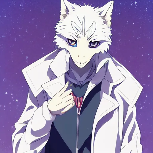 Image similar to key anime visual portrait of an anthropomorphic anthro wolf fursona, in a jacket, with handsome eyes, official modern anime art