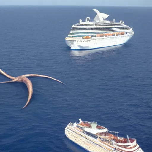 Prompt: A giant squid destroying a cruise ship in the middle of the ocean,