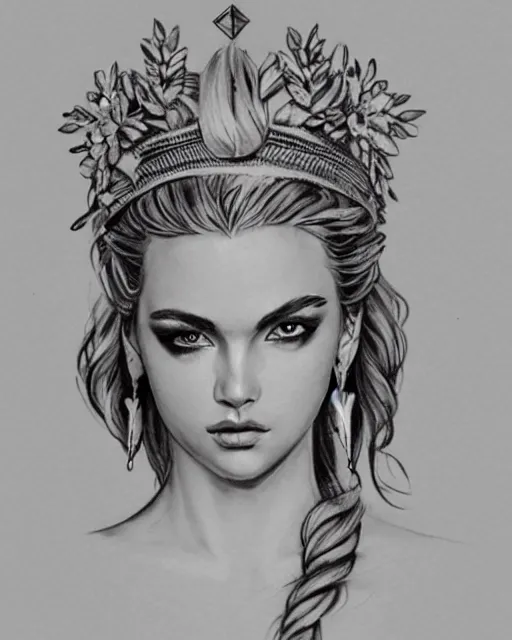 Prompt: realism tattoo sketch of a beautiful blonde woman as a beautiful greek goddess aphrodite with piercing eyes wearing a laurel wreath and triangle earrings, in the style of greg rutkowski, amazing detail