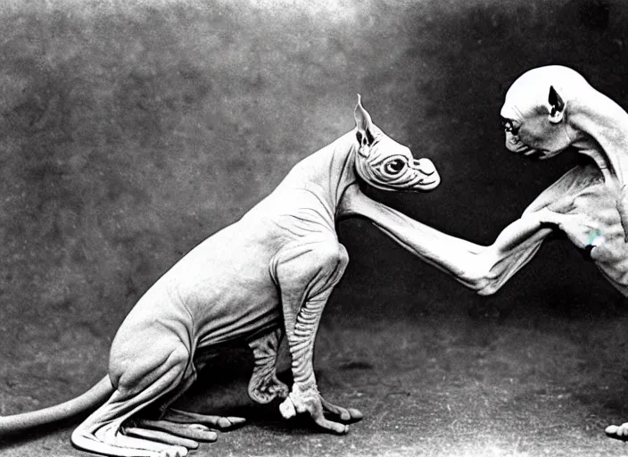 Image similar to hairless sphynx cat fighting in wwi