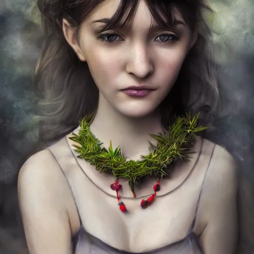 Prompt: dslr photo of a pretty young woman, full bodied portrait, sitting on a bench wearing a flower skirt, and body and wearing hemp sandals and a very detailed faerie necklace around neck, artgerm, artstation, very high quality face, extremely high quality, moody lighting, real camera, real photo, photography by deviantart, 8 k