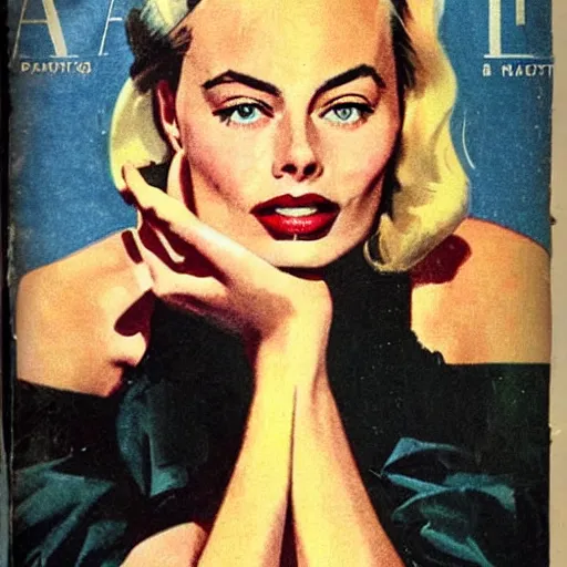 Prompt: “Margot Robbie portrait, color vintage magazine illustration 1950”