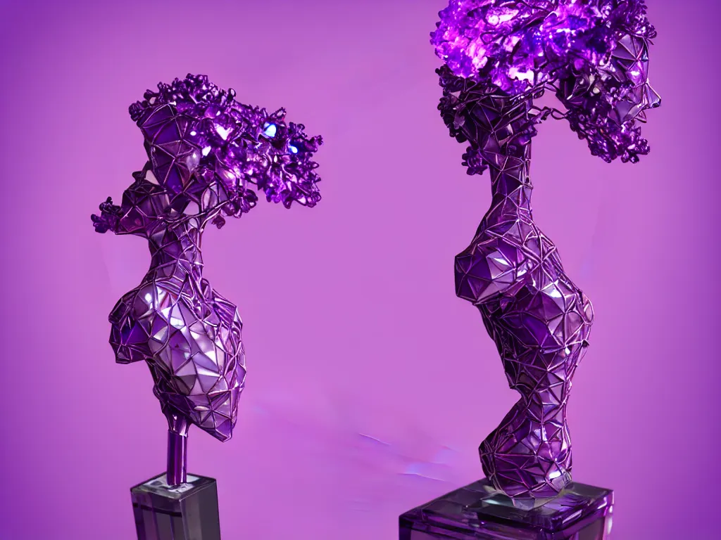 Image similar to beautiful mannequin sculpted out of amethyst by billelis + lit with purple 3 d geometric neon + chrome geometric cubed bonsai plants!!!!, doorway opening with neon pink geometric light, clean linework, dramatic, finely detailed, rule of thirds, moody, confident, award winning, 4 k, trending on artstation, photorealistic, volumetric lighting, octane render