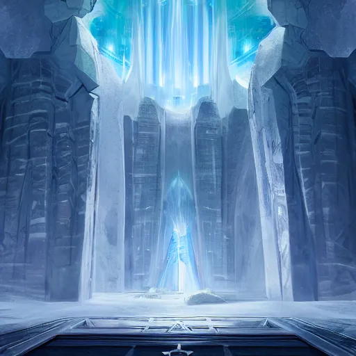 Prompt: a spiritual matte painting by feng zhu of a contemporary crystal throne room with tall banner hanging, unreal engine, ue5, concept art, wide angle, photo realistic, high detail, 4k hd wallpaper