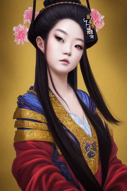 Image similar to a lovely and shiny young empress of qing dynasty, face by artgerm, ross tran, fuji choko, loish, 8 k resolution, attractive, symmetrical portrait, beautifully detailed landscape of ruin, trending on pixiv and pinterest, charming black eyes, luxury, perfect face, smooth, dreamlike