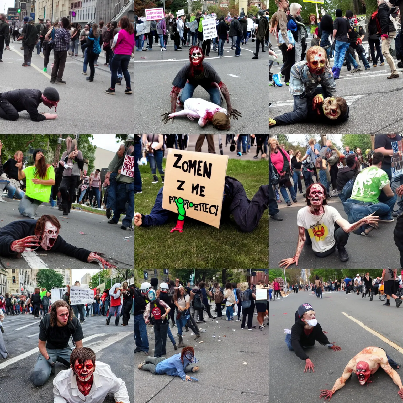 Prompt: crawling zombie protestor