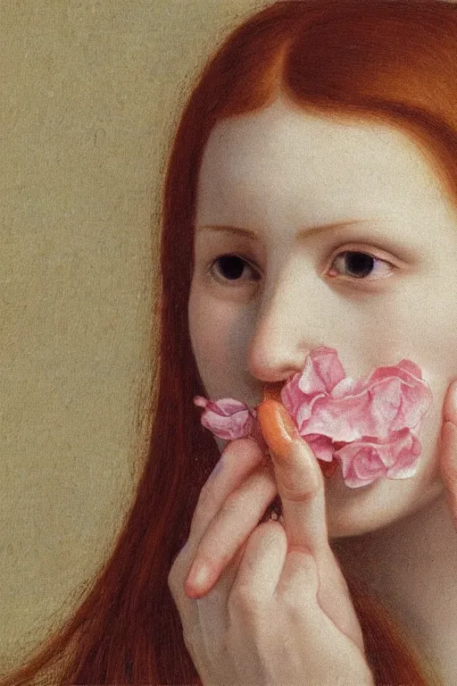 Prompt: hyperrealism close-up portrait of flower in mouth of young medieval attractive ginger female, pale skin, wearing dark silk, in style of classicism