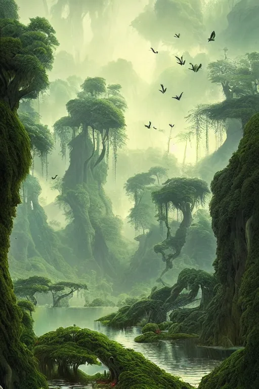 Image similar to beautiful forest with twisting fantasy tress and pond with birds, Digital Matte Illustration by Raphael Lacoste and Ralph McQuarri