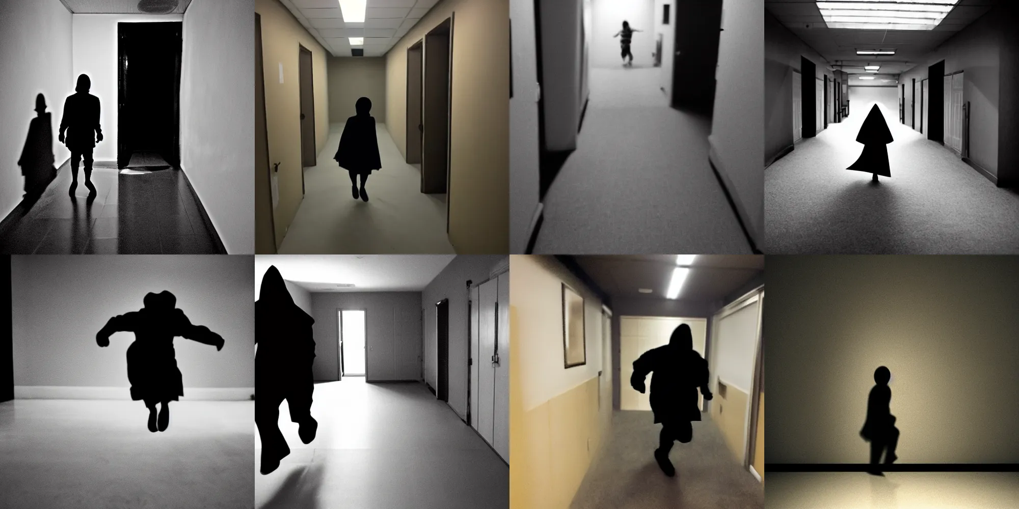 Prompt: a mysterious shadow figure chasing me in the backrooms