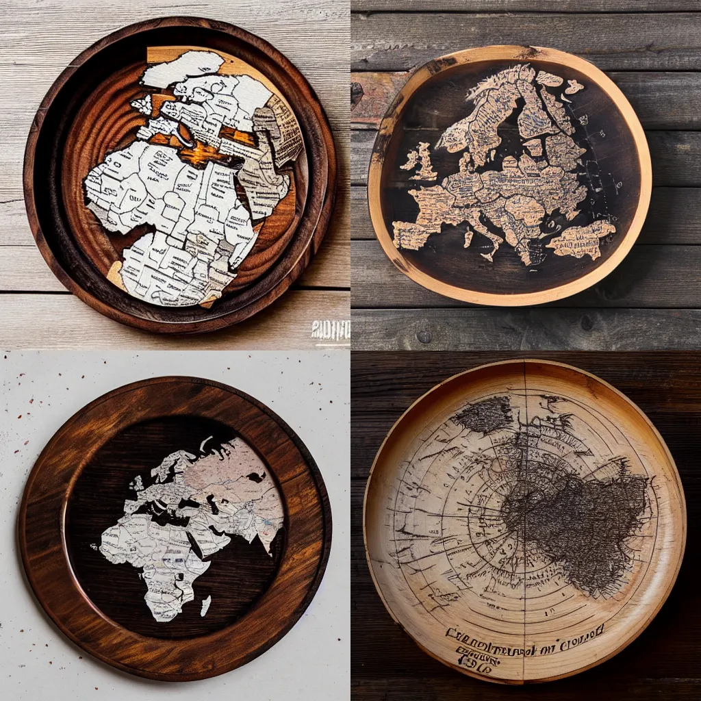 Prompt: map of Europe burned into a wooden plate