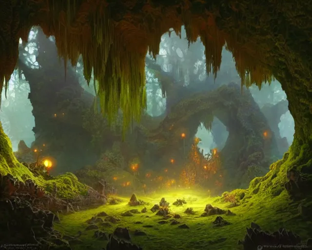 Image similar to mossy cave lit by orange minerals, deep focus, d & d, fantasy, intricate, elegant, highly detailed, digital painting, artstation, concept art, matte, sharp focus, illustration, hearthstone, art by artgerm and greg rutkowski and laura sava and alphonse mucha