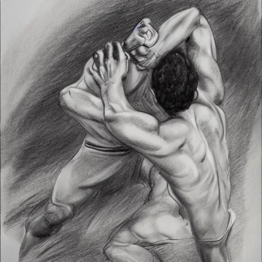 Prompt: 20 year old Mediterranean man fighting an 18 year old Mediterranean man, biblical clothing, highly realistic charcoal sketch