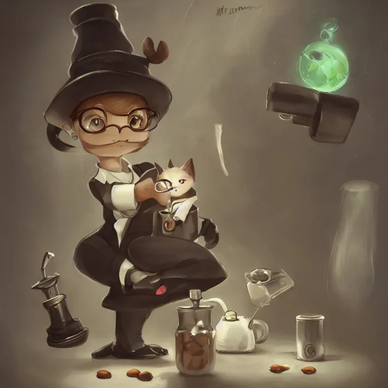 Prompt: cute little anthropomorphic cat barista wearing a black suit, tiny, small, miniature cat, baby animal, short, cute and adorable, pretty, beautiful, ghibli character art portrait, matte fantasy painting, deviantart artstation, by by jason felix by steve argyle by tyler jacobson by peter mohrbacher, cinematic lighting