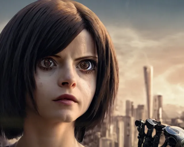 Prompt: film still of mena suvari as battle angel alita, beautiful portrait, watery doe eyes, mouth agape, photorealistic, lifelike, human actress, octane engine, cinematic lighting, high detail, high resolution