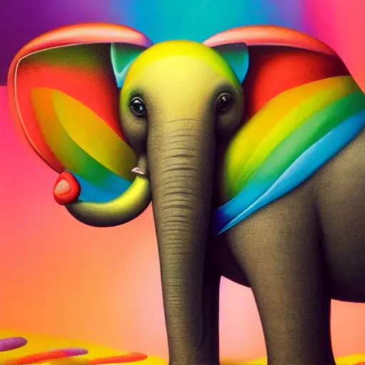 Image similar to a surreal picture of a rainbow - coloured elephant by mark ryden insanely quality, elegant, highly detailed, digital painting, artstation, concept art, pop, smooth, sharp focus, illustration, art by mark ryden and lisa frank and dali 3 d 8 k ultra detailed