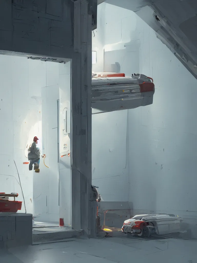 Prompt: a door is open a gap and thus shines light in a painting from stalenhag, 4 k, 8 k, hdr, artstation, concept art