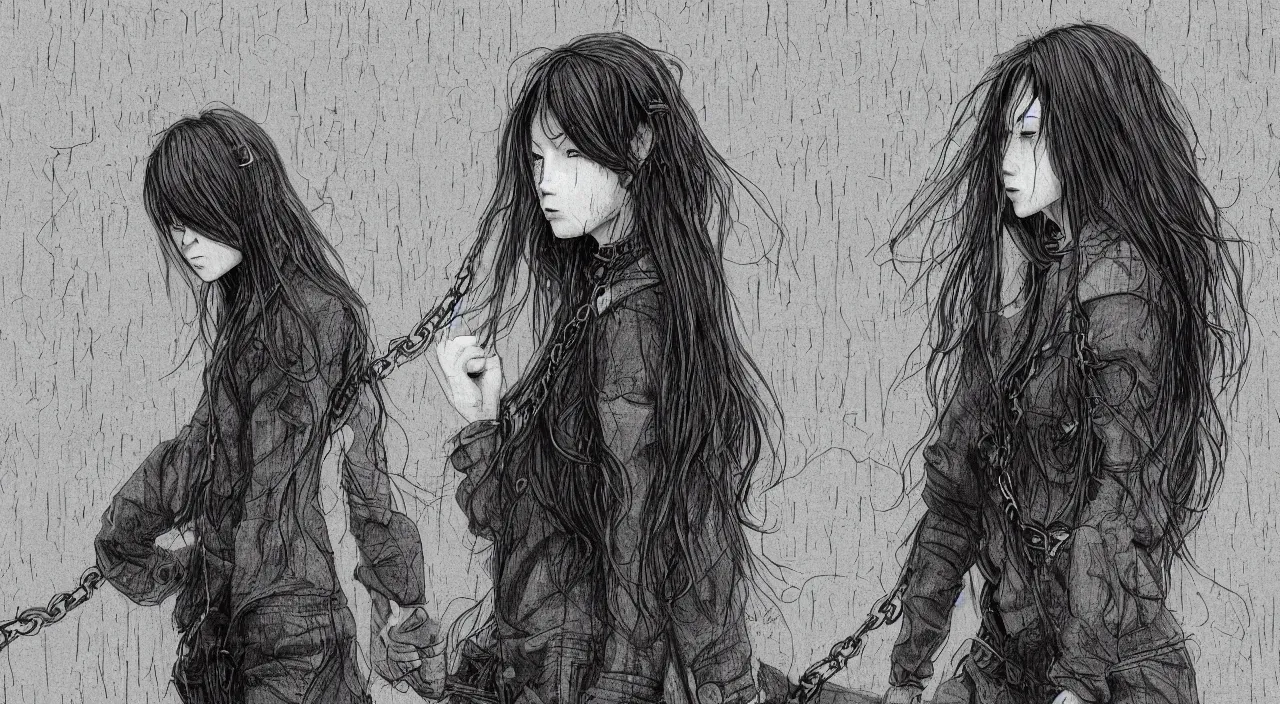 Image similar to a teenager with long red hair wearing baggy black clothes, leaning against a chain fence on a building rooftop, dark grey sky on a rainy day, hd, 8k resolution, grainy, trending on artstation, Drawing by Yoshitoshi Abe