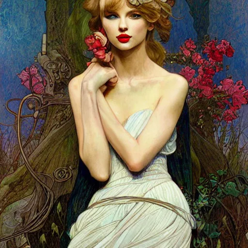 Prompt: romantic painted portrait of taylor swift by james jean, mucha, masterpiece