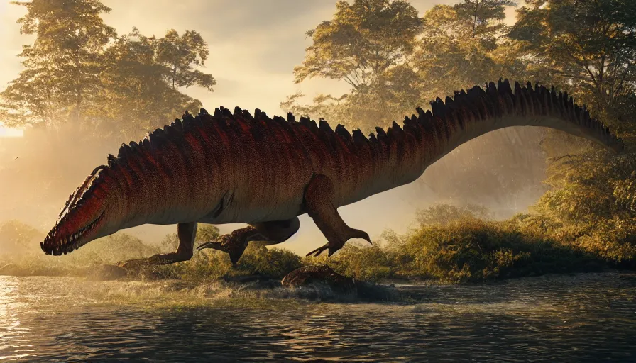Prompt: hyper realistic highly detailed nature photography of a spinosaurus, prehistoric planet, volumetric lighting, octane render, 4 k resolution, golden hour