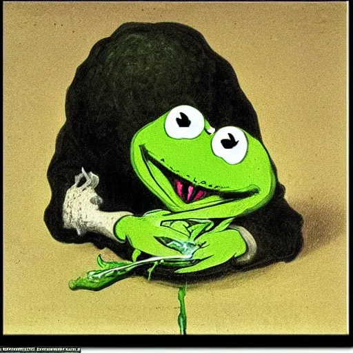 Image similar to “Kermit the Frog Devouring His Son” by Francisco Goya