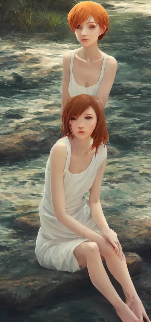 Image similar to southern ginger woman in simple cream dress sitting beside a river, airbrushed, hazy, gentle, soft lighting, wojtek fus, by makoto shinkai and ilya kuvshinov,