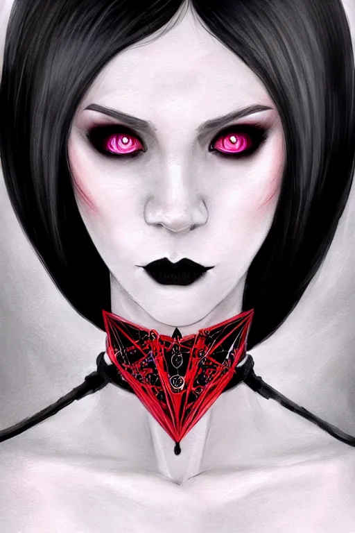 Prompt: Portrait of seductive female necromancer, D&D, revealing stylish dress, red eyes, black lipstick, choker on neck, long black hair, mouth slightly open, slight nerdy smile, fantasy, intricate, elegant, highly detailed, digital painting, artstation, concept art, smooth, sharp focus, illustration, art by artgerm and greg rutkowski and alphonse mucha
