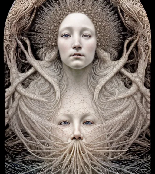 Image similar to detailed realistic beautiful snow goddess face portrait by jean delville, gustave dore, iris van herpen and marco mazzoni, art forms of nature by ernst haeckel, art nouveau, symbolist, visionary, gothic, neo - gothic, pre - raphaelite, fractal lace, intricate alien botanicals, ai biodiversity, surreality, hyperdetailed ultrasharp octane render