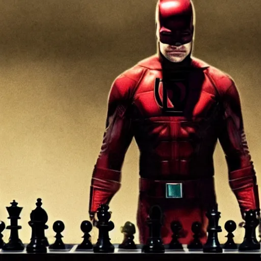 Image similar to daredevil pondering in front of a chess table, marvel movie