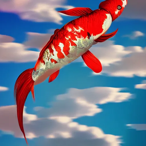 Image similar to photograph of a flying koi fish, majestic, clouds in the background, sharp focus, beautiful, enhanced colors, sunset colors, hd, cinematic lighting, 8k